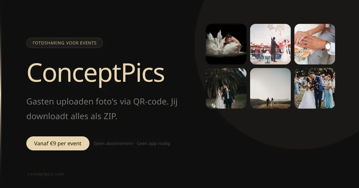 Het uploadscherm van ConceptPics op een telefoon, naast een QR-code op tafel