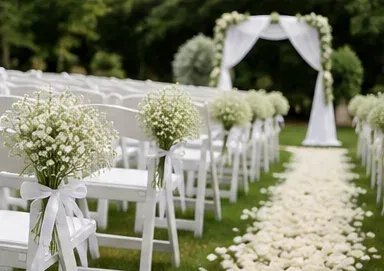 Rijen witte stoelen met bosjes gipskruid langs een gangpad van witte blaadjes, met een witte boog aan het eind