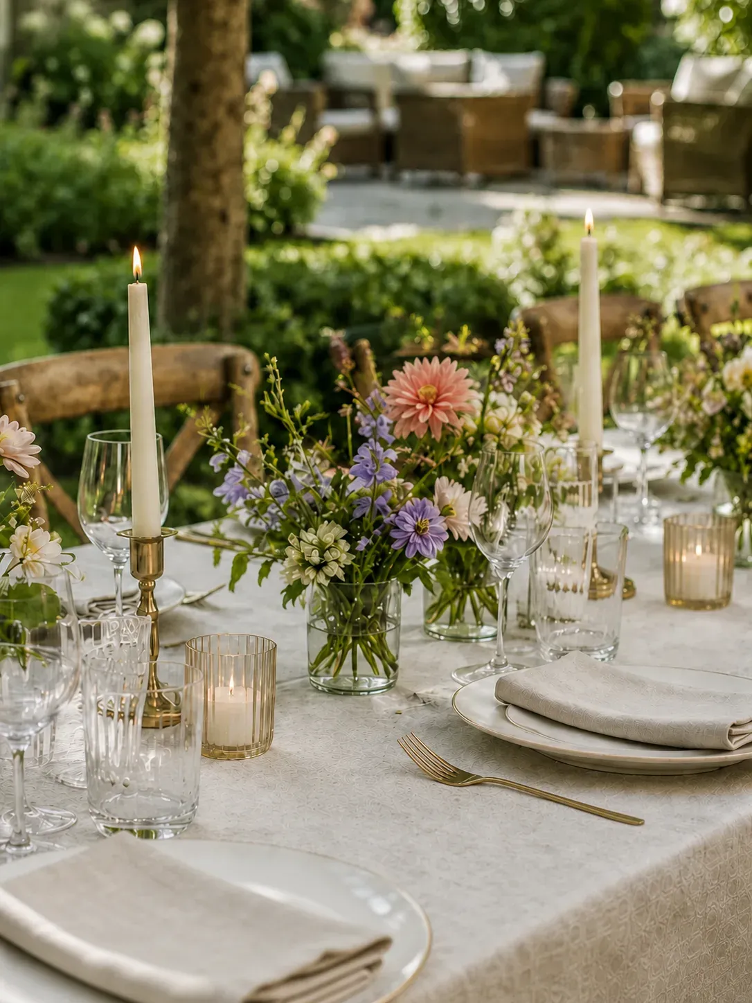 Lange gedekte tuintafel met kaarsen, veldbloemen en goud bestek