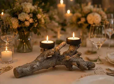 Kandelaar van een boomtak met twee brandende waxinelichtjes op een gedekte tafel met witte bloemen