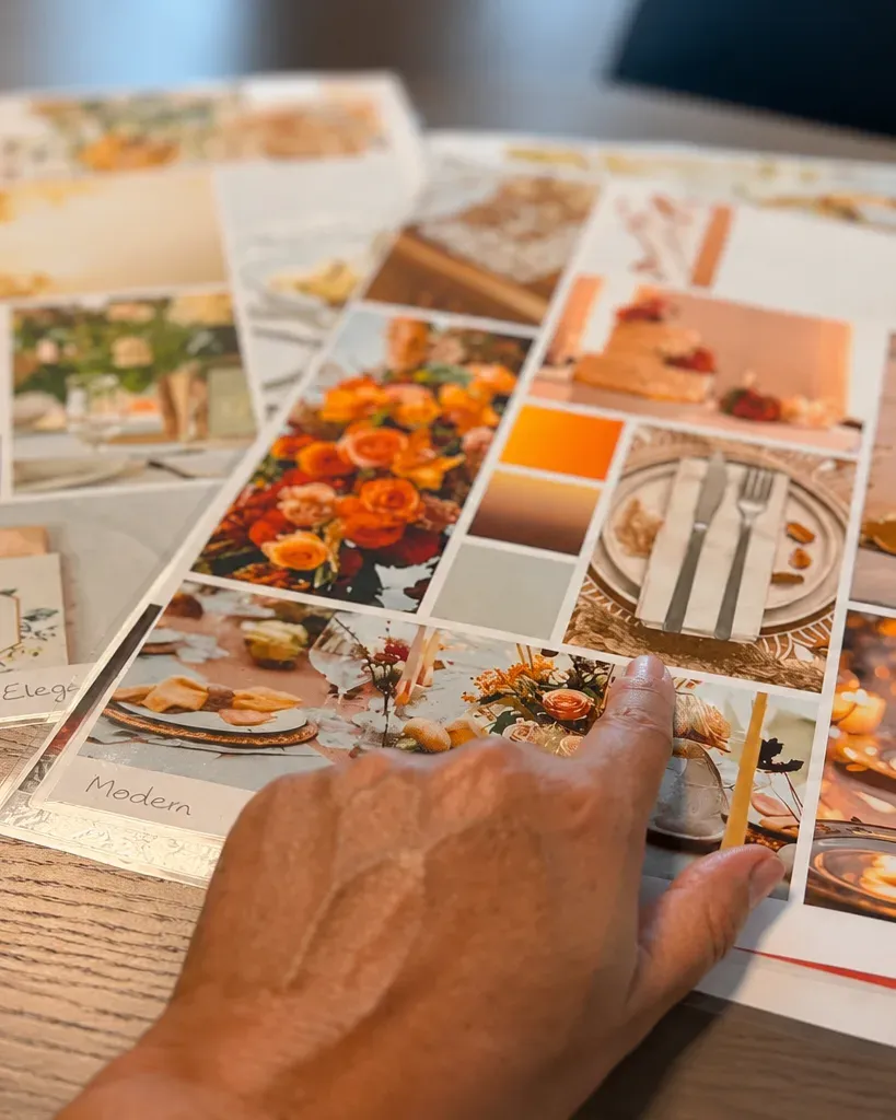 Handen bij een moodboard in het atelier