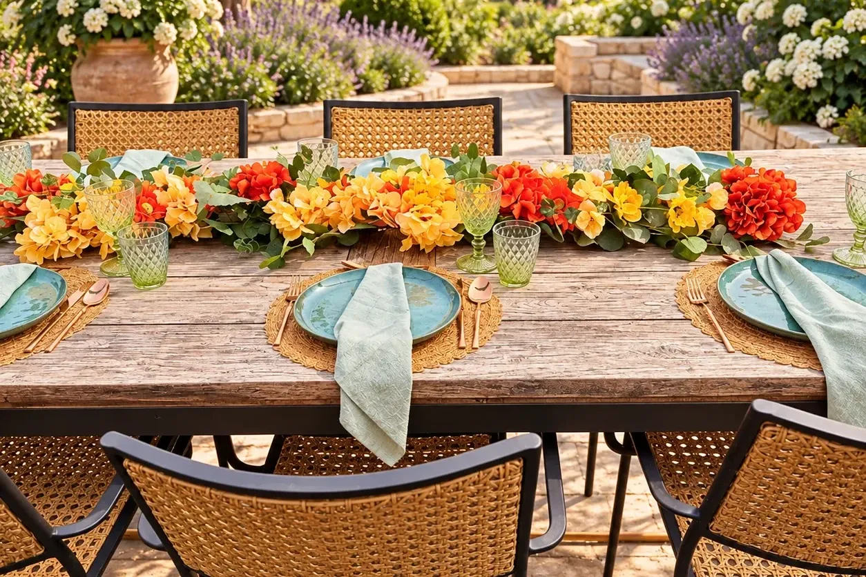 Zomerse lunch in Lommel, De tafel overdwars, met de bloemen over het midden