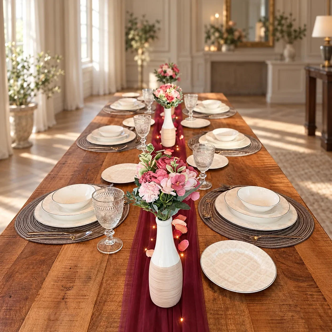 Lange houten tafel met een bordeaux doorschijnende loper, roze boeketten in wit met beige flesvaasjes, ivoorwit servies op bruine geweven placemats en kelkglazen met reliëf