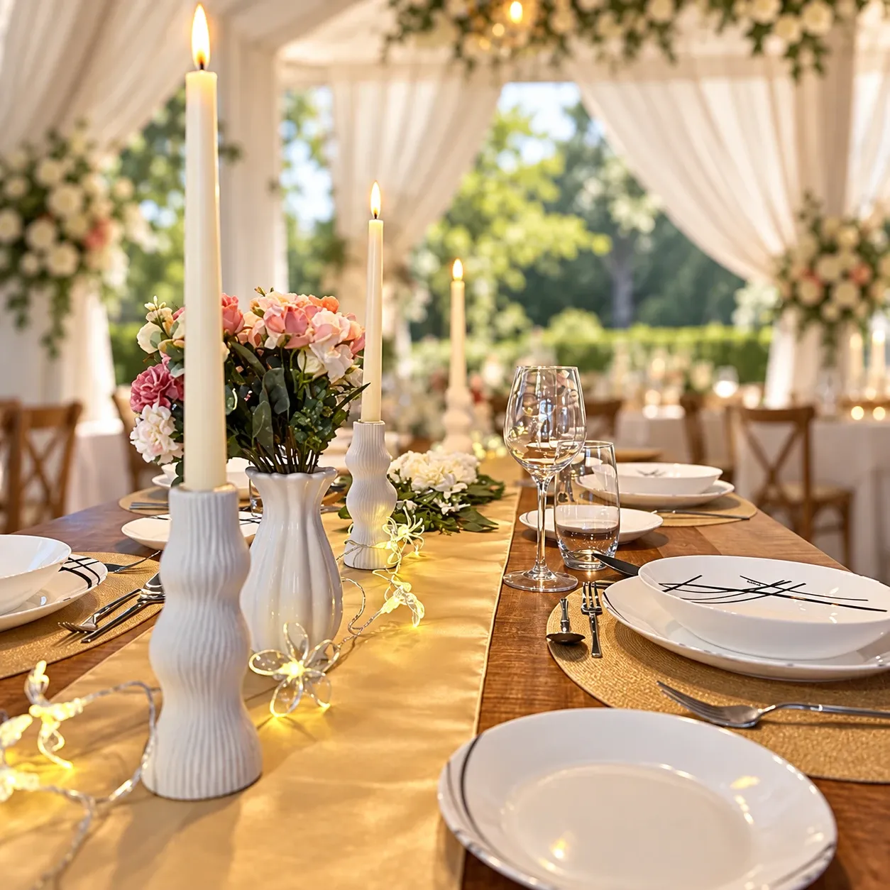 Lange houten tafel in een feesttent met een champagnekleurige satijnen loper, een lichtsnoer van doorzichtige bloemen, ivoorkleurige kaarsen op witte geribbelde kandelaars, een roze boeket in een wit vaasje en wit servies met zwarte lijnen op ronde geweven placemats