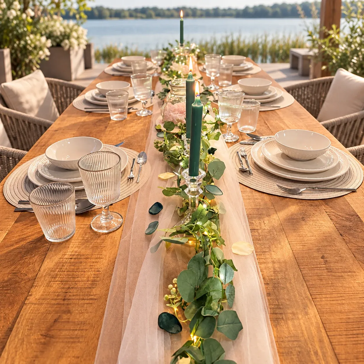 Lange houten tafel aan het water met een loper van off white tule, een eucalyptusslinger met lichtjes, groene kaarsen op glazen kandelaars, crème ribbelservies op beige geweven placemats en ribbelglazen met een gouden rand