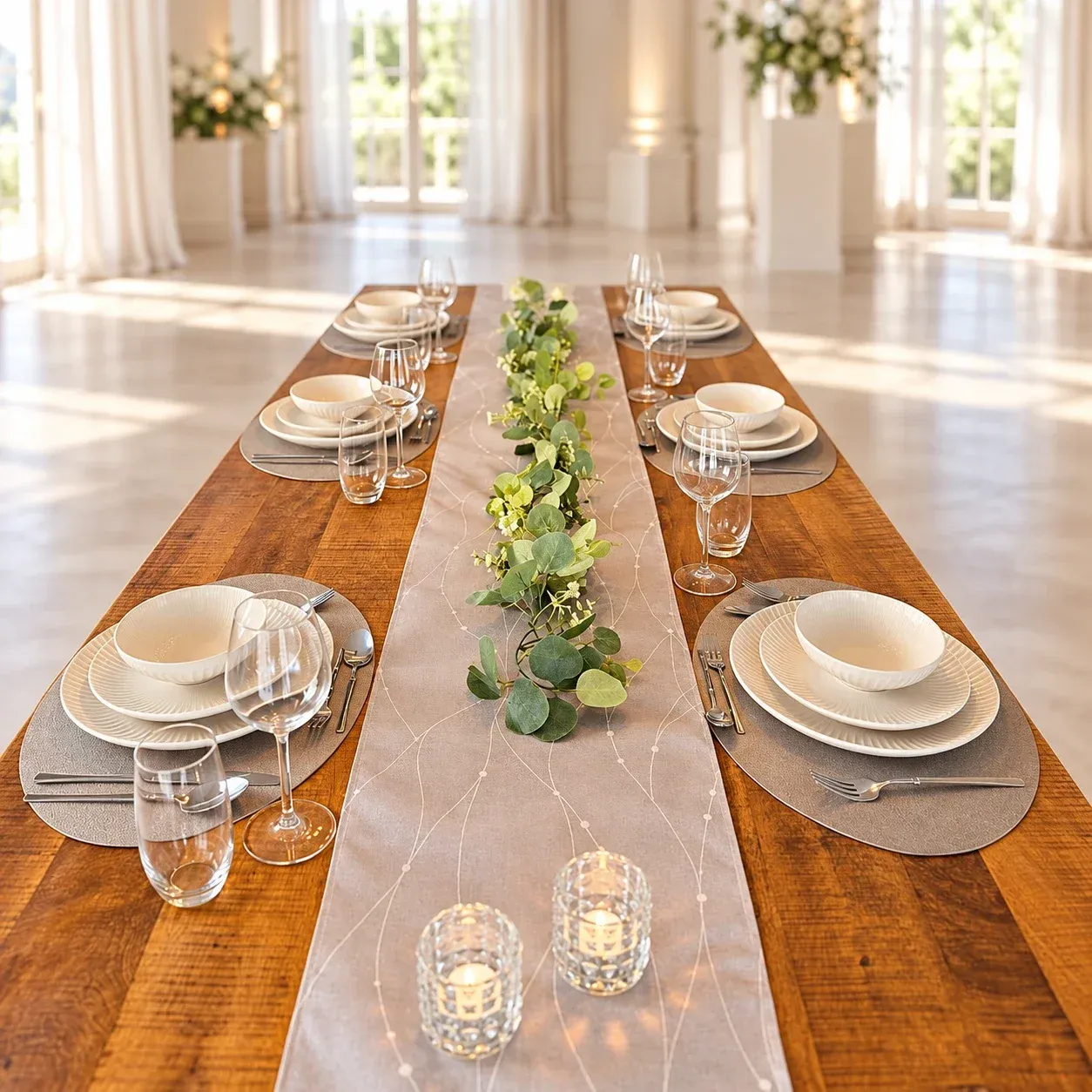 Lange houten tafel met een grijze loper, een eucalyptusslinger, crème ribbelservies op zilveren ovale placemats en twee waxinelichtjes in geslepen glas