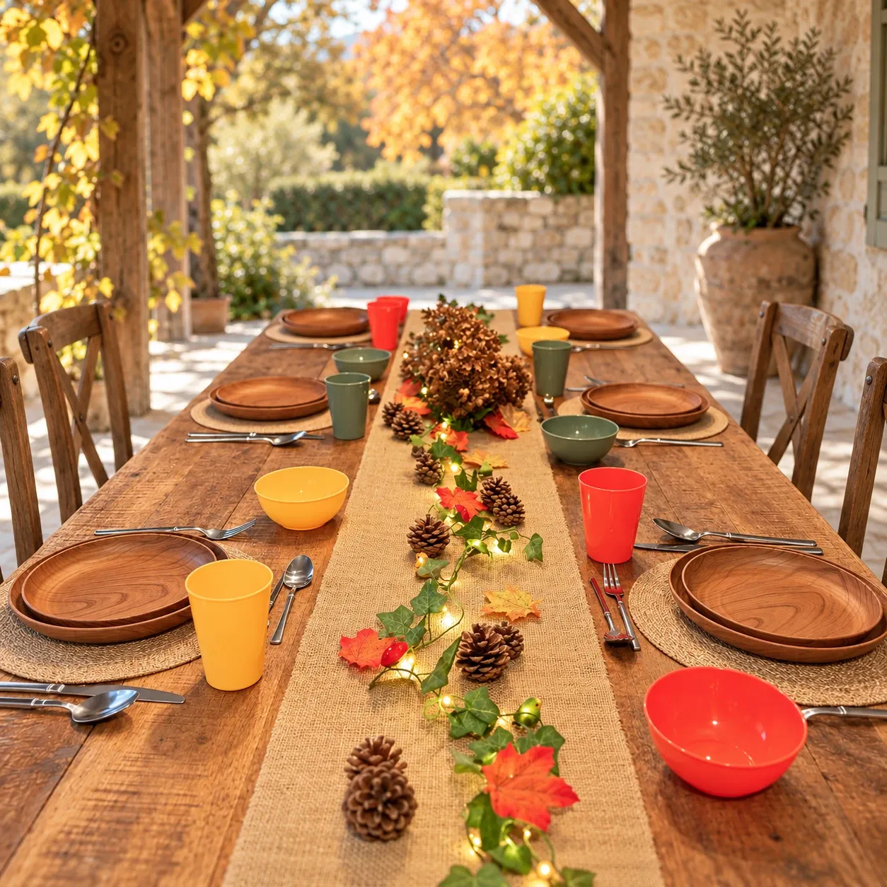 Lange houten tafel met een jute loper, dennenappels, herfstbladeren en een lichtsnoer met groene blaadjes, houtlook kinderborden op jute placemats en bekers en kommen in oranje, geel en grijs