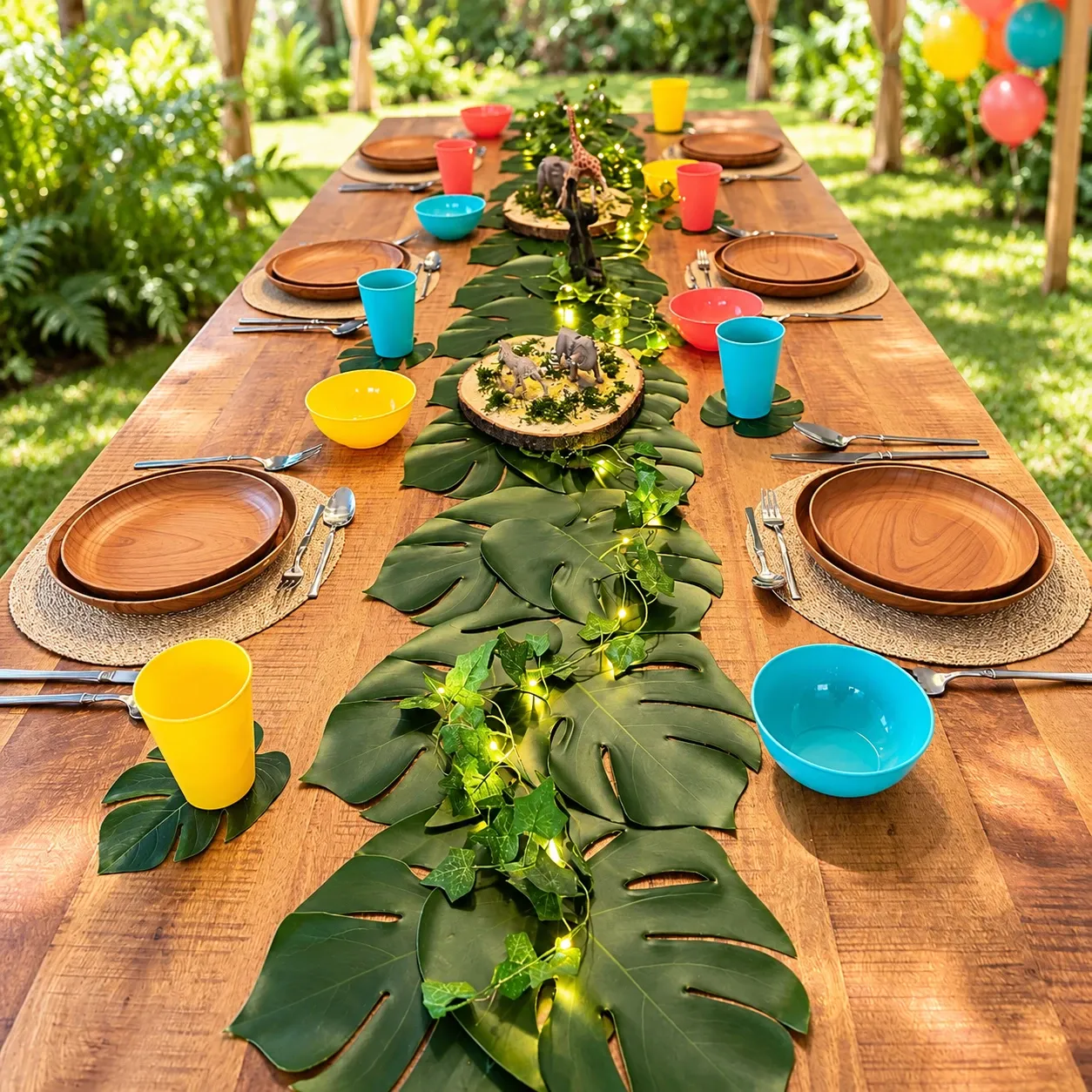 Lange houten tafel met een loper van monsterabladeren, een lichtsnoer met groene blaadjes, jungledieren op boomschijven, houtlook kinderborden op jute placemats en gekleurde bekers en kommen