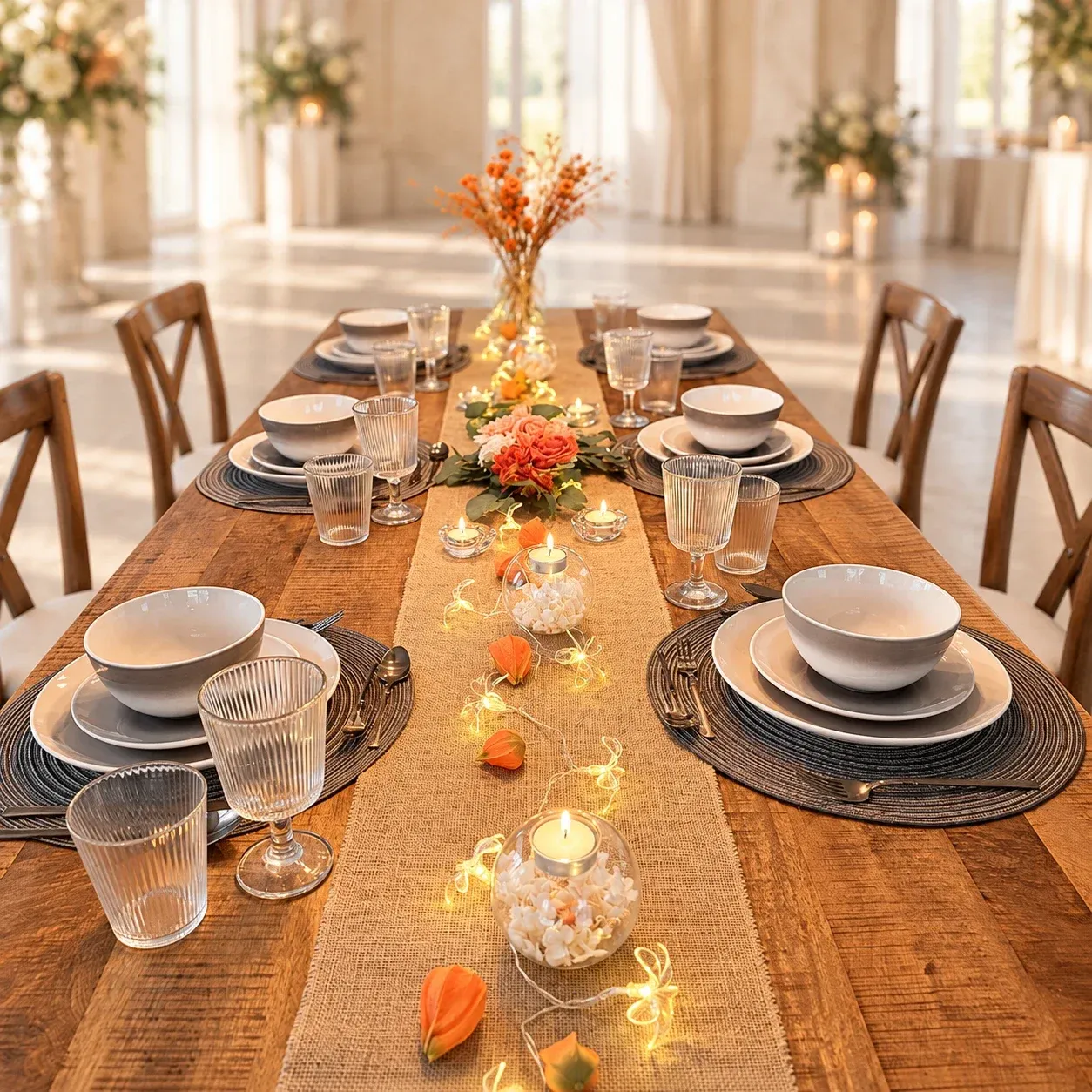 Lange houten tafel met een jute loper, grijze geweven placemats, ribbelglazen, oranje rozen en waxinelichtjes in glazen bollen