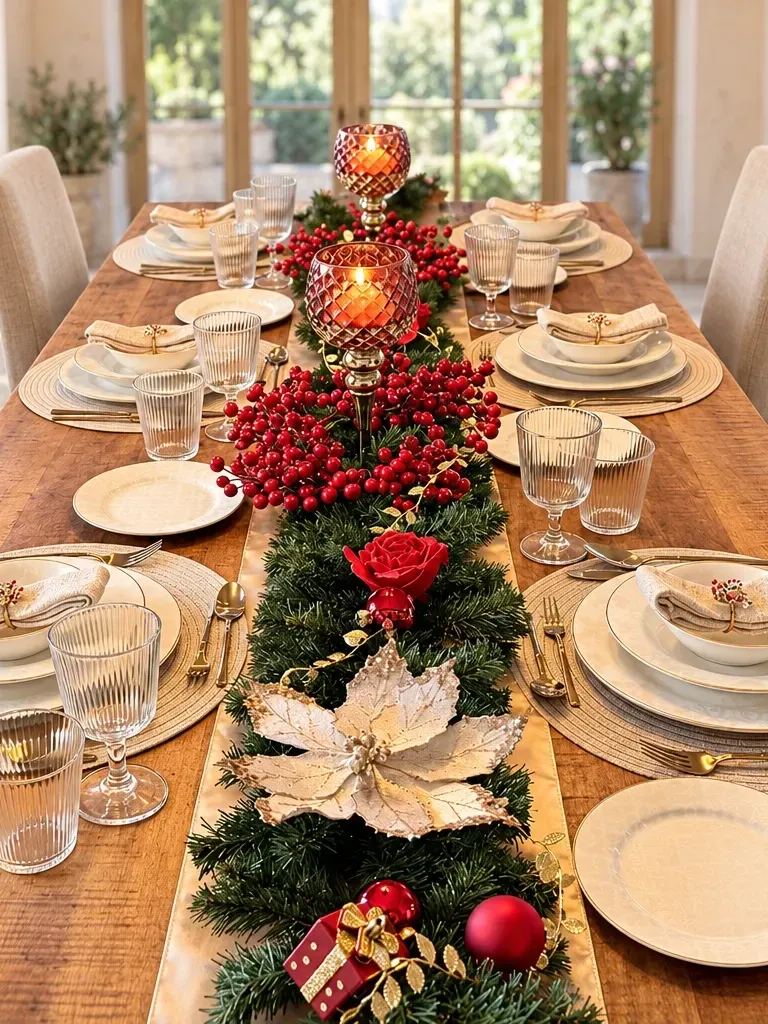 Lange houten kersttafel met ivoorwit servies met gouden rand op ronde geweven placemats, goud bestek, ribbelglazen, en in het midden een dennenguirlande op een champagnekleurige satijnen loper met rode besjes, dieprode bolkaarshouders, een champagnekleurige kerstster en rode kerstballen