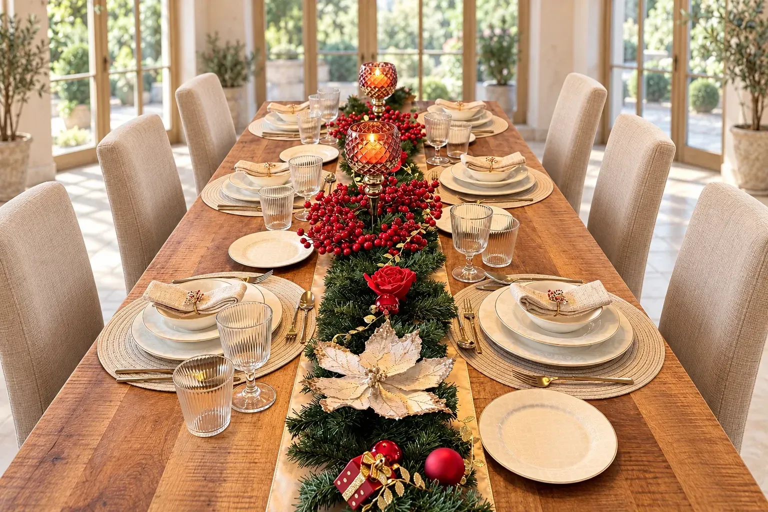 Lange houten kersttafel met ivoorwit servies met gouden rand op ronde geweven placemats, goud bestek, ribbelglazen, en in het midden een dennenguirlande op een champagnekleurige satijnen loper met rode besjes, dieprode bolkaarshouders, een champagnekleurige kerstster en rode kerstballen