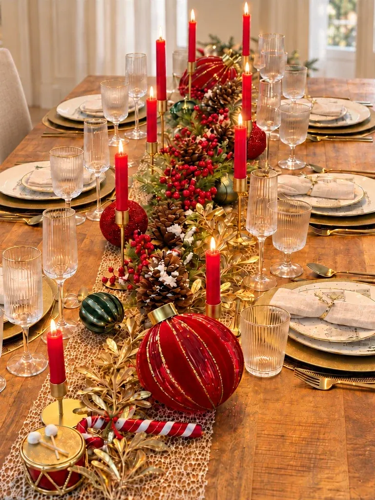 Lange houten kersttafel met wit servies met gouden huisjes op gouden glitteronderborden, goud bestek, ribbelglazen, rode kaarsen op gouden kandelaars en een middenstuk van dennenappelguirlande, gouden bladguirlandes, rode en groene kerstballen, trommels en zuurstokken