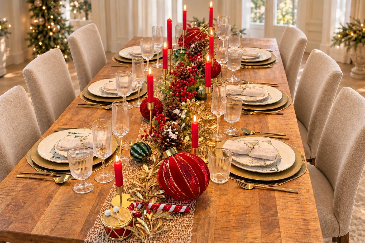 Lange houten kersttafel met wit servies met gouden huisjes op gouden glitteronderborden, goud bestek, ribbelglazen, rode kaarsen op gouden kandelaars en een middenstuk van dennenappelguirlande, gouden bladguirlandes, rode en groene kerstballen, trommels en zuurstokken