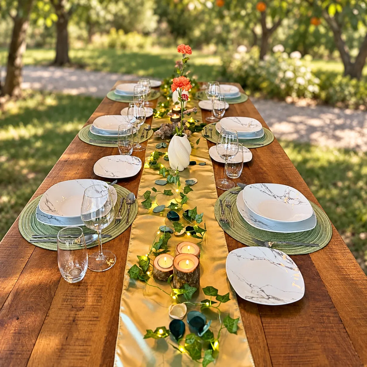Lange houten tafel in een boomgaard met een glanzende satijnen loper, een lichtsnoer van klimopblaadjes, waxinelichtjes in houten boomstammetjes, oranje anjers in witte spiraalvazen en servies in marmerlook op groene geweven placemats