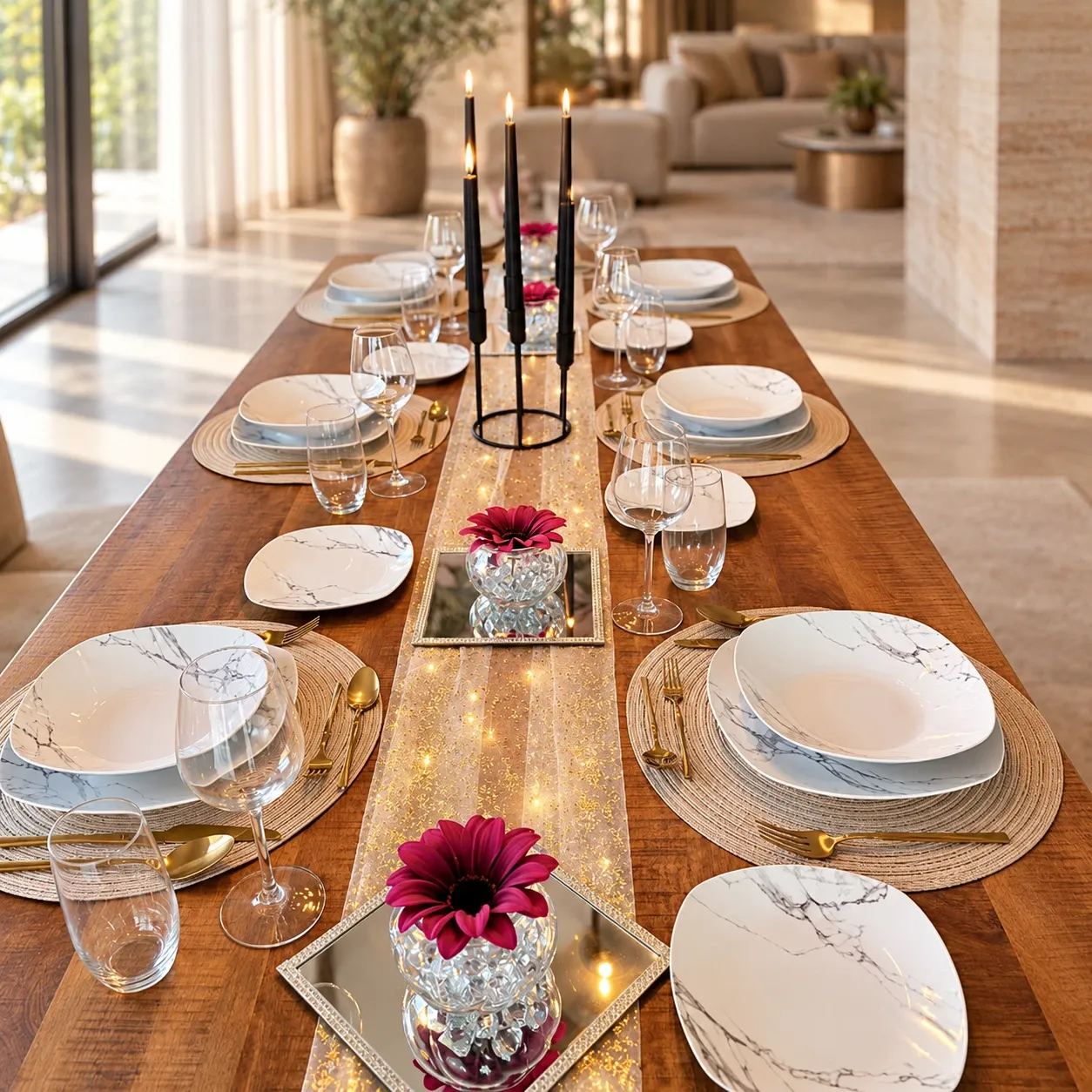 Lange houten tafel met een goudkleurige doorschijnende loper met lichtjes, vierkant servies in marmerlook op ronde geweven placemats, goud bestek, zwarte kaarsen op een zwarte kandelaar en magenta gerbera's in ronde glazen vaasjes op spiegelplaten