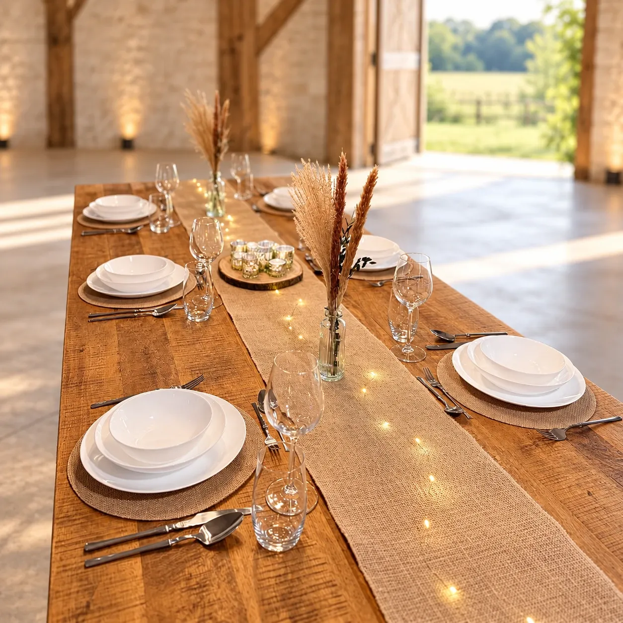 Lange houten tafel in een schuur met een jute loper met lichtjes, wit servies op ronde jute placemats, zilver bestek, pampaspluimen in glazen flesjes en waxinelichtjes in mercury glas op een boomschijf