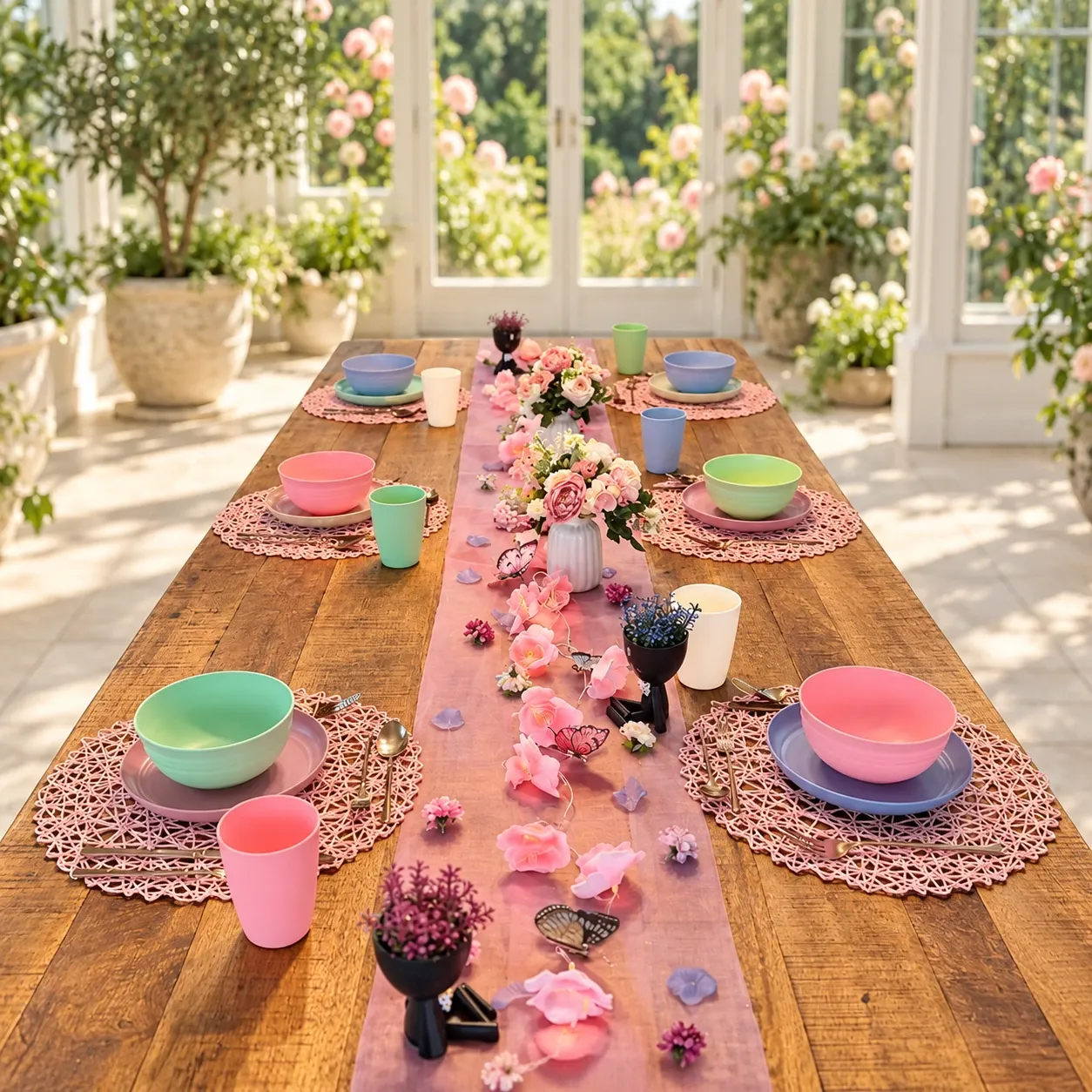 Houten tafel met een roze doorschijnende loper, een lichtsnoer van roze rozen, vlinders en boeketten in witte vaasjes, en pastelkleurige kinderborden, kommen en bekers op roze placemats