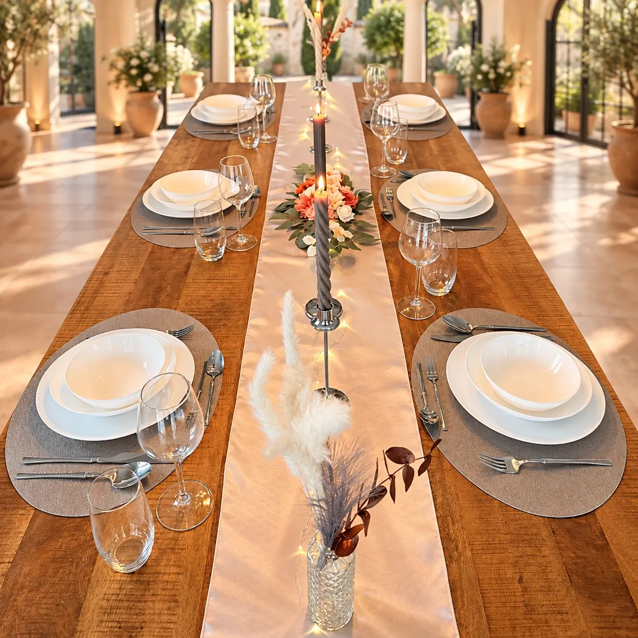 Lange houten tafel in een orangerie met een glanzende satijnen loper met lichtjes, wit servies op ovale placemats, zilver bestek, grijze kaarsen op chromen kandelaars, een bloemstuk van perzikkleurige rozen en pampaspluimen in geslepen glazen vaasjes