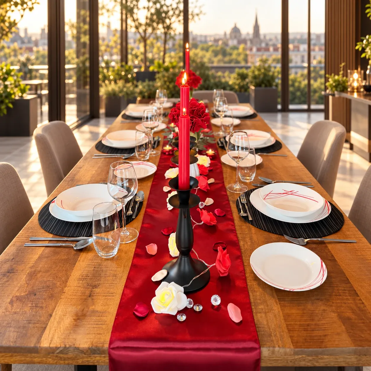 Lange houten tafel met een rode satijnen loper, wit servies met rode lijnen op zwarte placemats, rode kaarsen op een zwarte kandelaar, rode hortensia's en rozenblaadjes