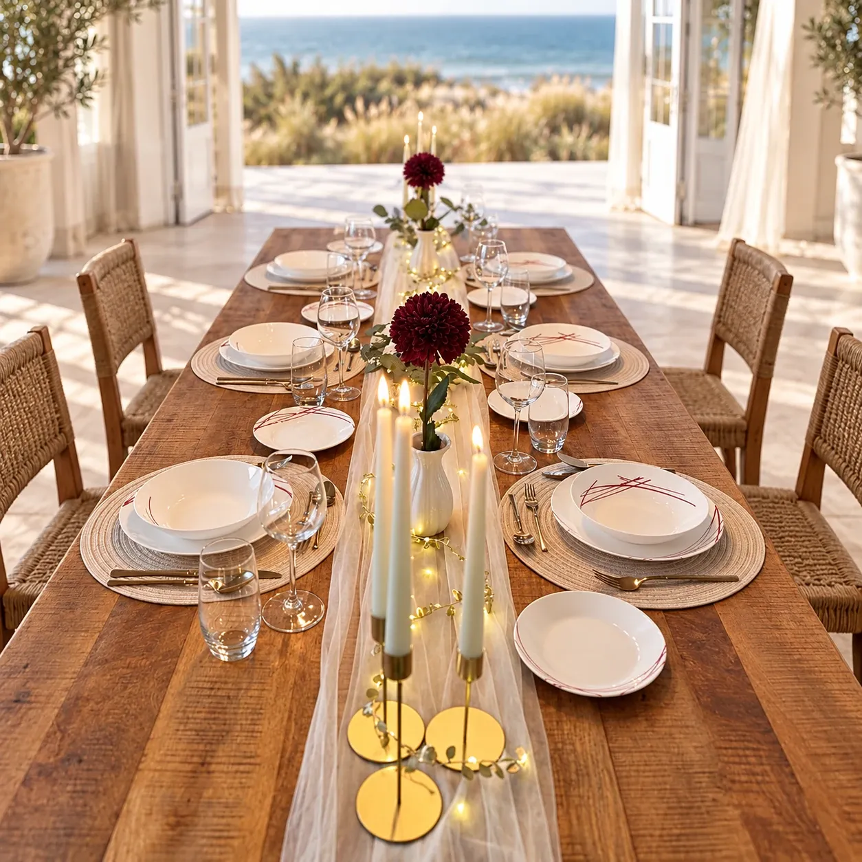 Lange houten tafel met een loper van off white tule, wit servies met rode lijnen op ronde geweven placemats, goud bestek, ivoorkleurige kaarsen op gouden kandelaars en bordeaux bolchrysanten in witte vaasjes