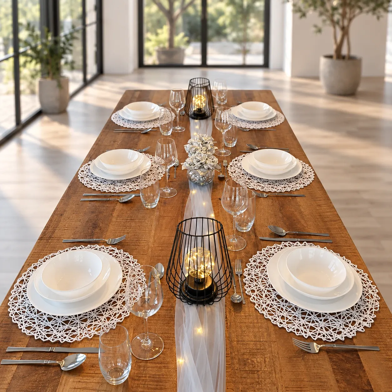 Lange houten tafel met een loper van witte tule met lichtjes, wit servies op witte opengewerkte placemats, zilver bestek, zilveren roosjes in twee ronde zilverkleurige vaasjes en twee zwarte draadlampen