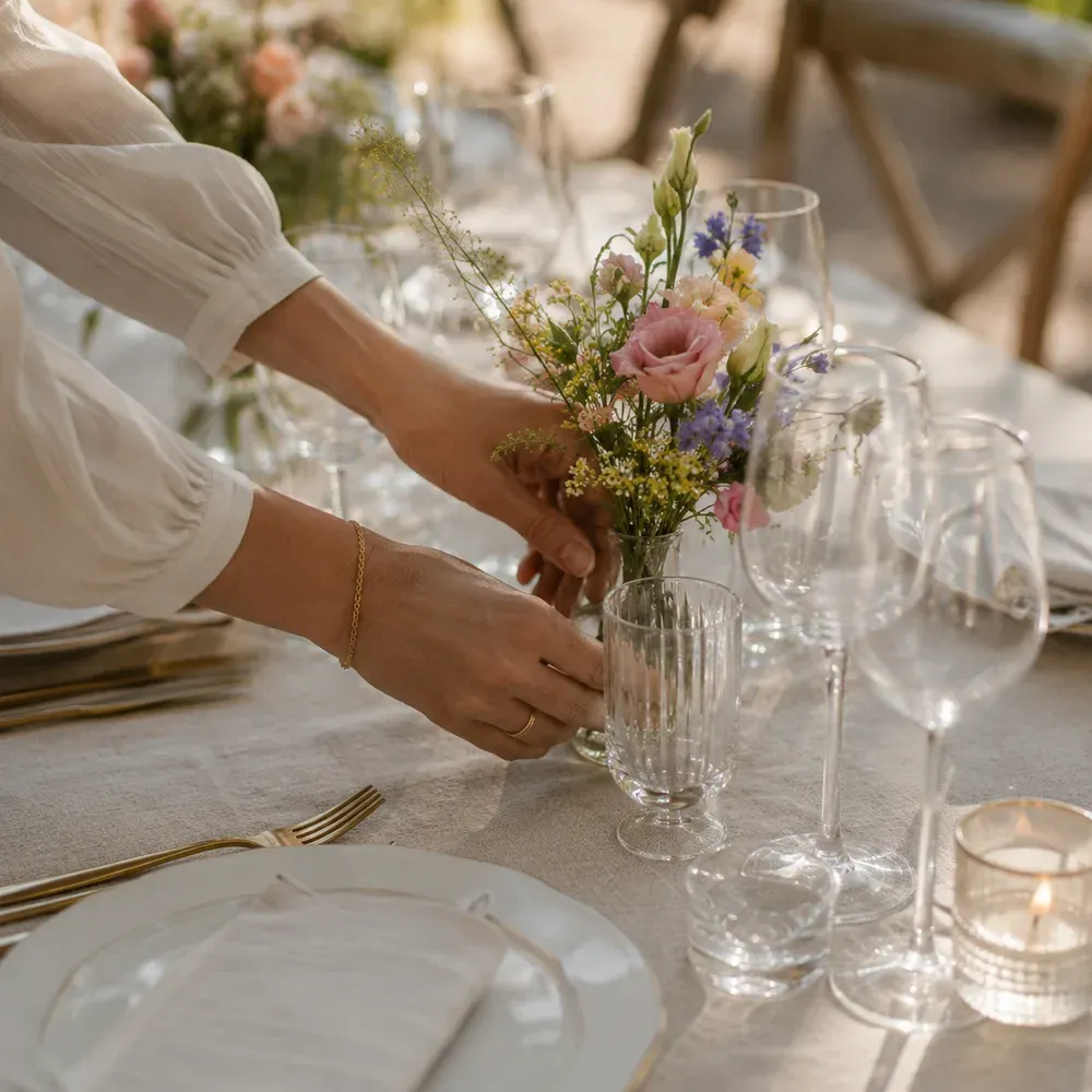 Handen schikken veldbloemen in een vaas op een gedekte tafel op locatie