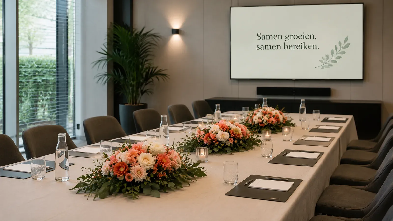 Zakelijke vergadertafel met bloemstukken en verzorgde couverts