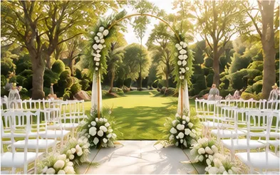 Witte boog met bloemen en rijen witte stoelen voor een ceremonie in een tuin